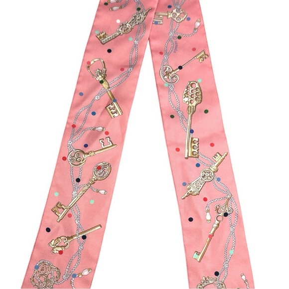New Hermes Twilly Scarf Les Cles a Pois Rose Beige Multicolor 100% Silk - Picture 9 of 16